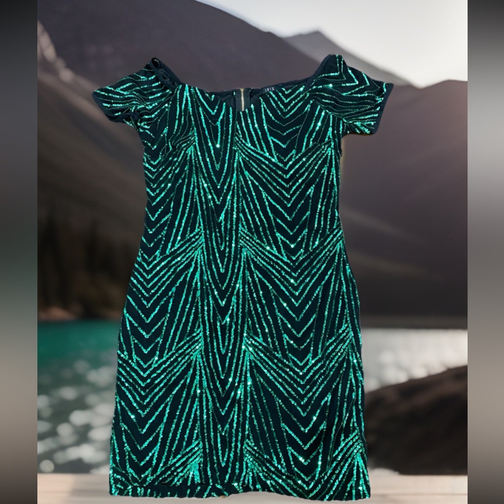 🆕 IRIS Off The Shoulder Bodycon Party Mini Dress Size M Black Green Sequin